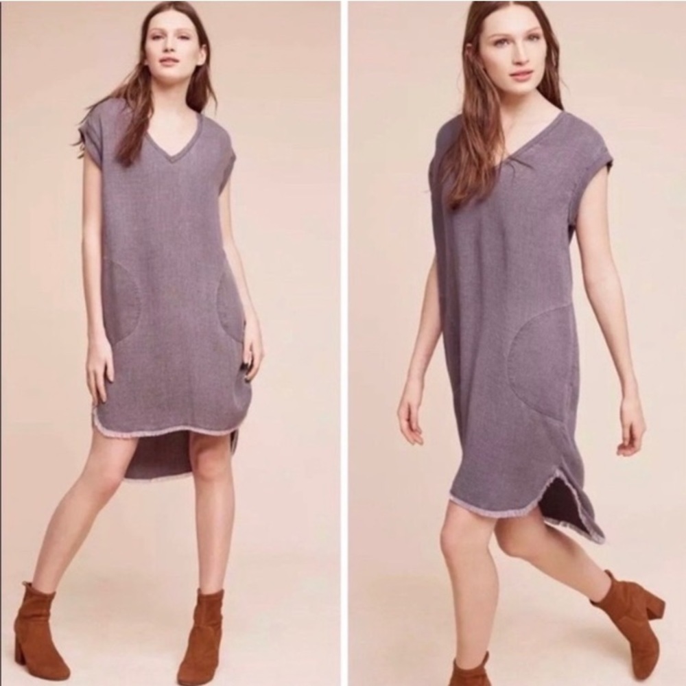 Anthropologie Cloth & Stone Grey Hi-Lo Frayed Hem Shift Dress with Pockets Boho